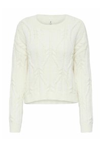 Maglione a maglia off-white con un motivo a treccia testurizzato, scollatura rotonda e maniche lunghe. Design cropped, polsini e orlo a coste.
