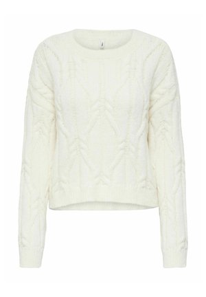 Off-white gebreide trui met een getextureerd kabelpatroon, ronde halslijn en lange mouwen. Korte ontwerp, geribbelde manchetten en zoom.