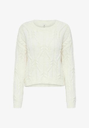 Pull en maille écru avec un motif en câble texturé, col rond et manches longues. Design court, poignets et ourlet côtelés.