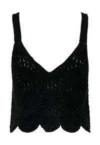 Top in crochèt nero con scollo a V, spalline larghe e orlo ondulato. Il tessuto presenta una texture intricata simile al pizzo e motivi floreali.