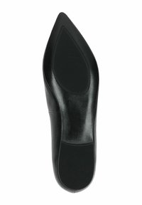 Scarpa nera in pelle con tacco alto, punta affilata e finitura liscia. La suola presenta un motivo di grip in gomma testurizzata.