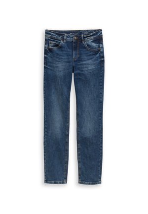 Jean en denim bleu avec une coupe droite, cinq poches et un effet délavé subtil. Équipé d'une fermeture à bouton et de passants de ceinture au niveau de la taille.
