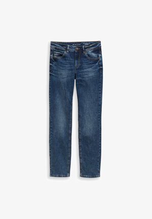 Blue denim jeans with a straight leg design, five pockets, and subtle fading. Features a button closure and belt loops at the waistband.