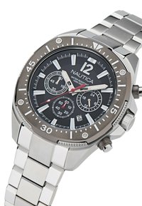 Orologio da polso in acciaio inossidabile con quadrante nero, indicatori delle ore bianchi, sottodial di cronografo e bracciale a maglie argentate. Impermeabile fino a 100m.