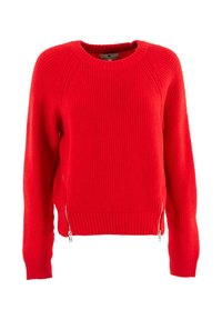 Maglione rosso a coste con scollo rotondo, caratterizzato da zip argento sui lati e tessuto a maglia testurizzato.