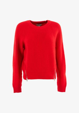 Maglione rosso a coste con scollo rotondo, caratterizzato da zip argento sui lati e tessuto a maglia testurizzato.