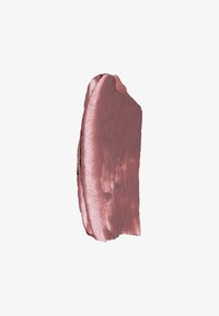 Vervaagde mauve lippenstiftstreek met gladde en gestructureerde randen op een witte achtergrond.