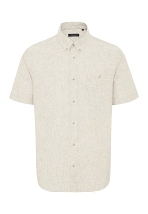 Short-sleeve button-up shirt in light beige linen blend, featuring a left chest pocket and a classic collar design.