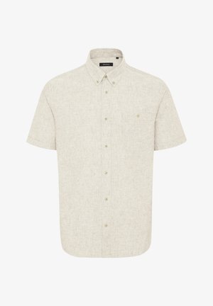 Short-sleeve button-up shirt in light beige linen blend, featuring a left chest pocket and a classic collar design.
