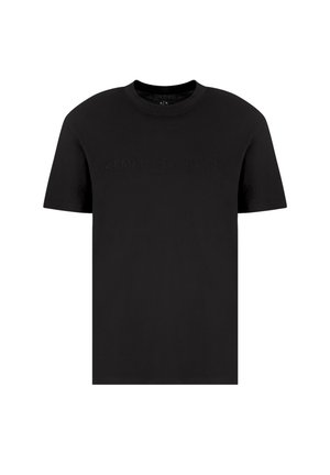 T-shirt in cotone nera con maniche corte, collo rotondo e testo in rilievo "ARMANI EXCHANGE" sul petto. Texture liscia, design semplice.