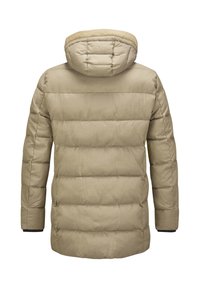 Beige Daunenjacke mit Kapuze, mit horizontalem Steppdesign, weicher Innenauskleidung und schwarzen Bündchen. Einfach und funktional ohne sichtbare Beschläge.