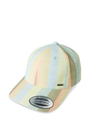 Verstelbare pet met een gestructureerde kroon, voorzien van pastelkleurige verticale strepen in blauw, geel en roze, en een zilveren logo aan de zijkant.