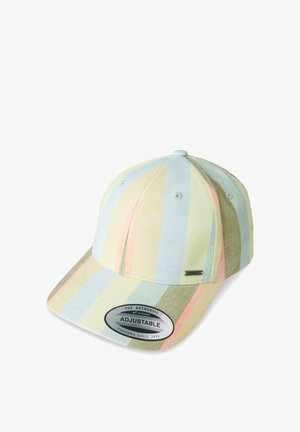 Cappellino regolabile con corona strutturata, con strisce verticali pastello in blu, giallo e rosa, e un logo argento sul lato.