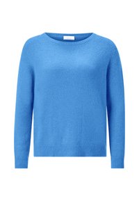Maglione azzurro chiaro con scollatura rotonda, maniche lunghe e finitura testurizzata. Realizzato in un materiale morbido, presenta dettagli a coste all'orlo.