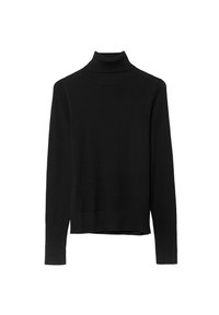 Pull noir à col roulé à manches longues avec poignets et ourlet côtelés, présenté sur un fond blanc.