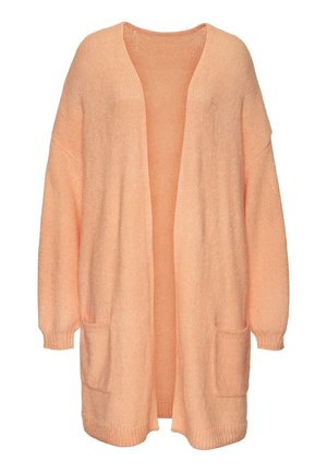 Peach-colored knitted cardigan with a loose fit, open front, and two front pockets. Soft texture and ribbed cuffs.