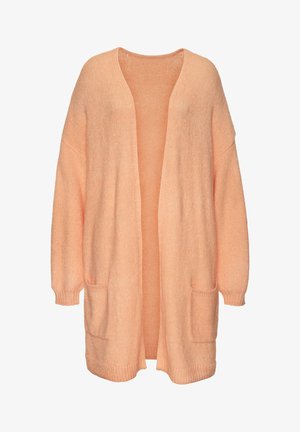 Peach-colored knitted cardigan with a loose fit, open front, and two front pockets. Soft texture and ribbed cuffs.