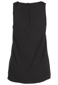 Černý bezramenný top s kulatým výstřihem a pěti zakrytými knoflíkovými uzávěry na zadní straně. Hladká látka s jemným leskem.
