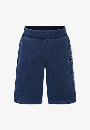 Shorts bleu marine avec une finition texturée, taille élastique et poches latérales. Présente un motif de logo contrastant sur le côté gauche.