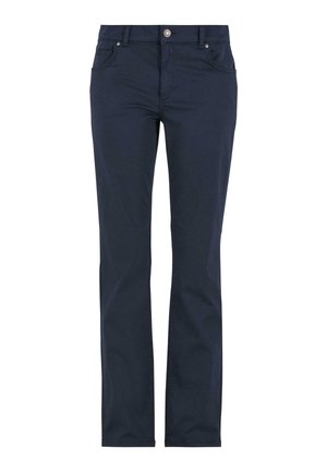 Pantalones azul marino confeccionados en una mezcla de algodón, con un diseño de pierna recta, bolsillos frontales y cierre de botón en la cintura.