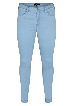 Helle blaue Skinny-Jeans aus Denim mit glatter Textur. Mit vorderen Taschen, einem Reißverschluss mit Knopf und einer figurnahen Passform.