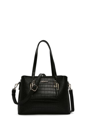 Borsa tote in ecopelle nera con texture a croco, doppio manico superiore, tracolla removibile e dettagli in metallo dorato.