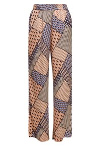 Kalhoty s širokými nohavicemi s geometrickým patchworkovým vzorem v broskvové, modré a hnědé barvě. Vyrobené z lehkého, strukturovaného materiálu s elastickým pasem.