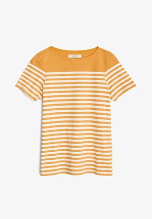 T-shirt en coton à manches courtes de couleur jaune moutarde avec des rayures horizontales blanches. Il présente un col rond et une coupe décontractée.