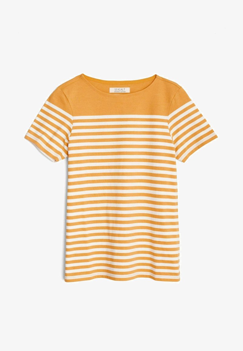 Camiseta de algodón de manga corta en color mostaza con rayas horizontales blancas. Cuenta con un cuello redondo y un corte relajado.