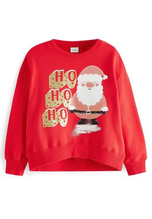 Sweatshirt rouge avec un Père Noël en dessin animé et le texte doré "HO HO HO" décoré d'étoiles sur le devant.