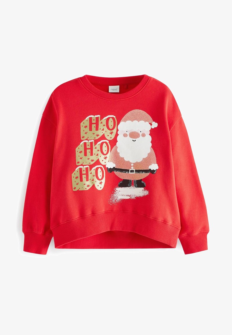 Sweatshirt rouge avec un Père Noël en dessin animé et le texte doré "HO HO HO" décoré d'étoiles sur le devant.