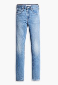 Jeans de mezclilla de color azul claro con corte recto, cinco bolsillos, ligero desgaste en los muslos y un cierre clásico de botón y cremallera.
