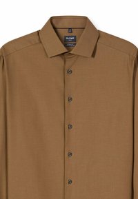 Braunes Langarmhemd mit modernem Schnitt, durchgehender Knopfleiste und spitzem Kragen. Verfügt über schwarze Knöpfe und eine strukturierte Stoffoberfläche.