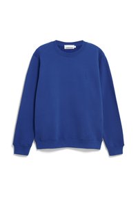 Blaues Sweatshirt aus Baumwollmischgewebe mit Rundhalsausschnitt, gerippte Bündchen und Saum, mit einem kleinen gestickten Logo auf der Vorderseite.