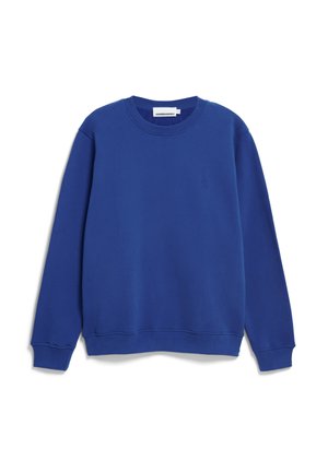Blauwe sweatshirt van een katoenen blend, met een ronde halslijn, ribgebreide manchetten en zoom, en een klein geborduurd logo op de voorkant.