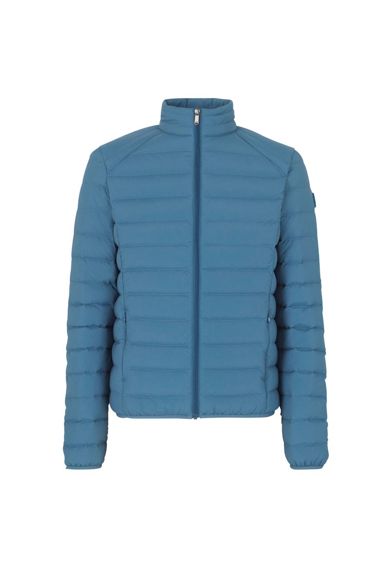 Veste bleue matelassée avec un col haut, une fermeture éclair à l'avant et un matelassage horizontal. Équipée de poignets élastiques et d'un design épuré et minimaliste.