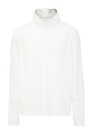 Weißer Fleece-Pullover mit einem Halbzip-Kragen, langen Ärmeln und einer weichen Textur. Einfaches Design ohne sichtbare Muster oder Akzente.