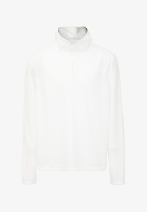 Weißer Fleece-Pullover mit einem Halbzip-Kragen, langen Ärmeln und einer weichen Textur. Einfaches Design ohne sichtbare Muster oder Akzente.