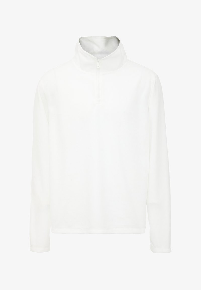 Hvid fleece pullover med halvlynlås krave, lange ærmer og en blød tekstur. Simpelt design uden synlige mønstre eller accenter.
