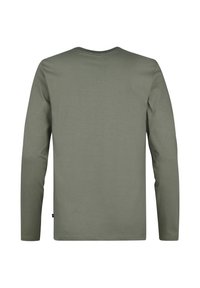 Tricou cu mâneci lungi, în verde măsliniu, din bumbac, cu guler rotund, textură netedă și o croială standard, fără grafică sau modele vizibile.