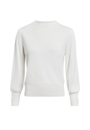 Weißer, gerippter Strickpullover mit hohem Rundhalsausschnitt, puffigen langen Ärmeln und Knopfakzenten an den Bündchen. Weiche Textur, taillierte Silhouette.