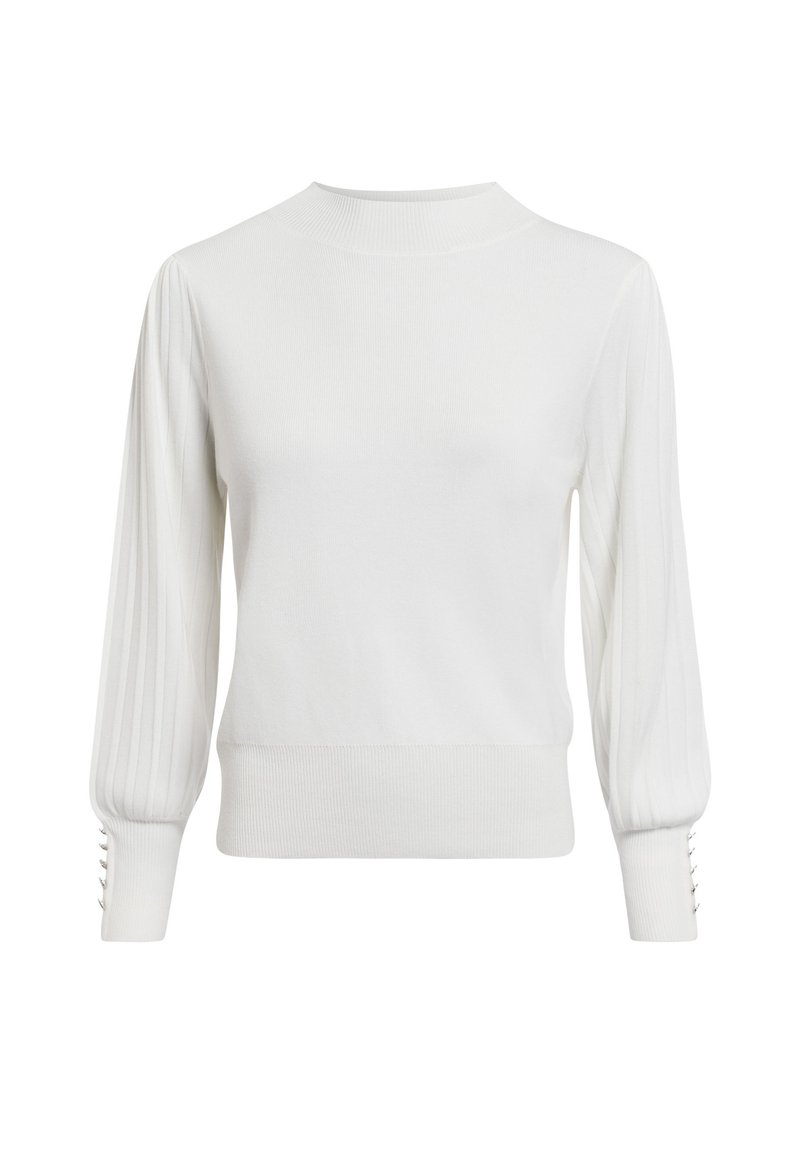 Weißer, gerippter Strickpullover mit hohem Rundhalsausschnitt, puffigen langen Ärmeln und Knopfakzenten an den Bündchen. Weiche Textur, taillierte Silhouette.