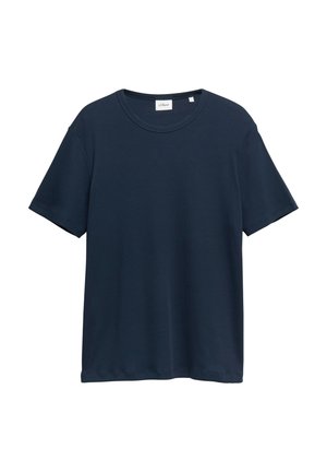 Marineblaues T-Shirt mit kurzen Ärmeln und Rundhalsausschnitt mit s.Oliver Markenlabel am Halsausschnitt, auf weißem Hintergrund dargestellt.