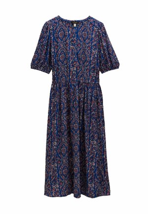 Blumengemustertes Kleid in Kniehöhe in Blau mit kurzen Puffärmeln, rundem Ausschnitt und Knopfdetails auf der Vorderseite. Leichter Stoff.