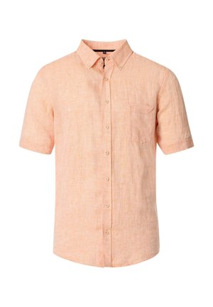 Korte mouwen shirt in licht perzik, gemaakt van linnen. Heeft een button-down kraag, een voorzak en een subtiele textuurpatroon.