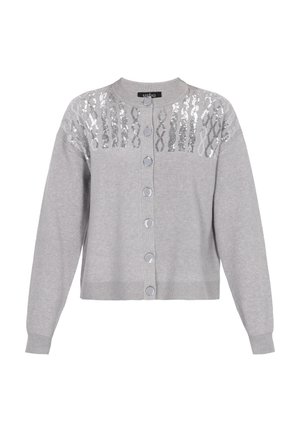 Cardigan grigio con maniche lunghe, scollatura rotonda e chiusura con bottoni, caratterizzato da un motivo di paillettes sulle spalle. Texture in maglia morbida.