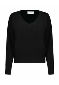 Maglione nero a V realizzato in morbido tessuto a maglia. Presenta maniche lunghe e orlo e polsini a coste per una vestibilità strutturata.