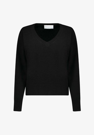 Maglione nero a V realizzato in morbido tessuto a maglia. Presenta maniche lunghe e orlo e polsini a coste per una vestibilità strutturata.