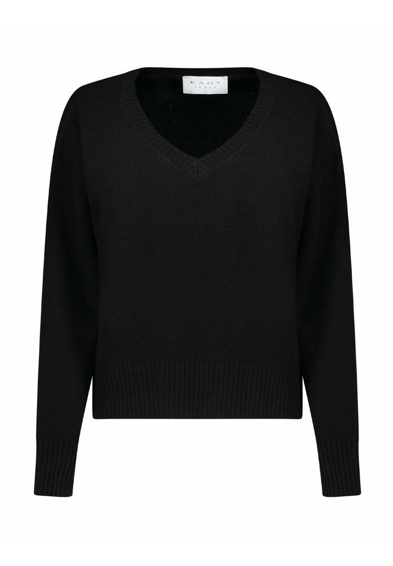 Maglione nero a V realizzato in morbido tessuto a maglia. Presenta maniche lunghe e orlo e polsini a coste per una vestibilità strutturata.