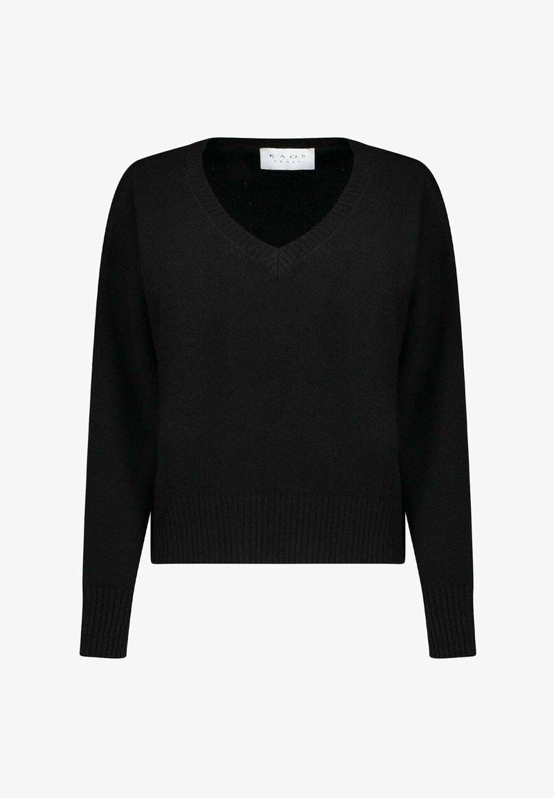 Maglione nero a V realizzato in morbido tessuto a maglia. Presenta maniche lunghe e orlo e polsini a coste per una vestibilità strutturata.